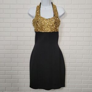 Vintage 80s Rampage Black Cocktail Dress Sz M Gold Sequin Pearls Halter Glam